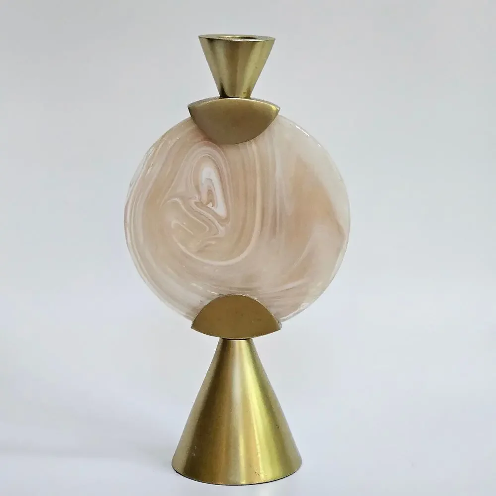 Anthropologie Francine Taper Candle Holder | Modern Blush Swirl Glass and Brass
